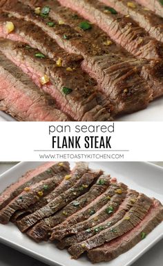 pan seared flank steak on a white plate