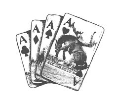 four playing cards with an image of a horse jumping over a fence on the front