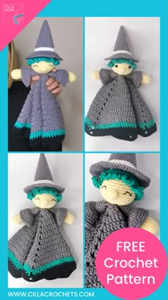 the crocheted wizard doll is shown in four different pictures