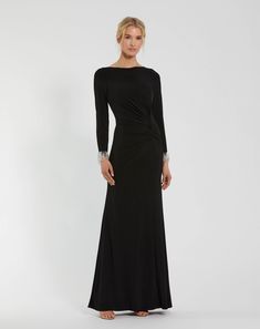 Long Sleeve Jersey Gown With Beaded Cuff Sleeves Black Boat, Boat Neck Long Sleeve, Maxi Dresses Fall, Sleeve Gown, Bride Groom Dress, Long Sleeve Gown, Designer Prom Dresses, Beaded Prom Dress, Western Chic