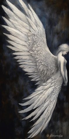 an angel painting with white wings on a black background