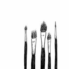 four brushes are lined up in the same row on a white background with black ink