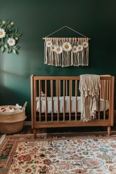 a baby crib in the corner of a room with green walls and rugs