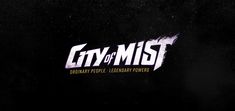 the city of mist logo is shown in this dark background with white and black lettering