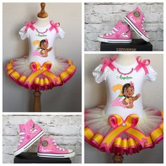 the pink and yellow dress is decorated with an image of princess pooh on it