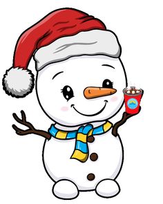 a snowman with a cup of coffee in his hand and wearing a santa hat