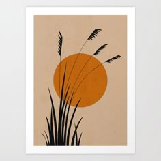 an orange and black print with grass in the foreground, against a beige background