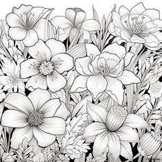 a black and white drawing of flowers