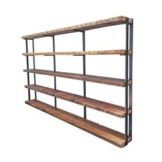 5-shelf bookcase with bookends. reclaimed wood and steel by Vault-furniture Modern Shelf Design, Mounted Bookshelf, Wall Mounted Shelving Unit, Floor To Ceiling Bookshelves, Steel Channel, Wall Mounted Bookshelves, Walnut Shelves, Famous Houses, Wall Mounted Desk