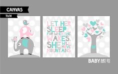 three wall art prints featuring elephants and trees with hearts in pink, blue and gray