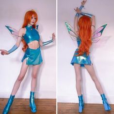 two pictures of a woman dressed as a fairy with long red hair and blue boots