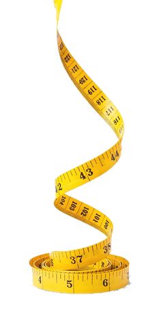 a yellow measuring tape is being used to measure the length of a ribbon on a white background