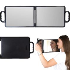 PRICES MAY VARY. LARGE FOLDING MIRROR WITH INCREASED VISIBILITY: Made of two large rectangular mirrors, this folding mirror provides a wide-angle view for your client to see the full picture. Each individual mirror size is 11.5 x 8.75 inches. DOUBLE HANDLED: The two handles make it easier to hold and will allow you to show your customer their new style or hair cut from all angles. TOP QUALITY: Made of glass with a plastic frame. The high-quality materials provide a true reflection without distor Salon Mirror, Salon Mirrors, Folding Mirror, Trifold Mirror, Handheld Mirror, Full Picture, Makeup Mirrors, Rectangular Mirror, Modern Branding