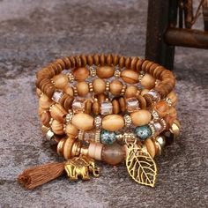 Beautiful Boho Style 4 Piece Bracelet Set. Each Stackable Bracelet Has The Perfect Mix Of Beadwork To Bring Together A Gorgeous Collection To Match Your Favorite Gypsy Girl Attire Elephant Bracelet, Colorful Accessories, Tree Of Life Pendant, Bead Charm Bracelet, Leaf Charms, Layered Bracelets, Beaded Tassels, Ethnic Jewelry, Boho Bracelets