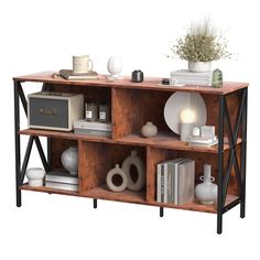 a wooden shelf with books, vases and other items on it's sides