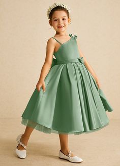 Complete your bridal party with our modern matte satin flower girl dress, Lollipop. Her one-shoulder neckline is complemented with a bow at the shoulder and bow belt. The skirt is ruched beautifully to flare as she walks down the aisle. Sage Flower Girl Dress, Groomsmen Shoes, Tea Length Flower Girl Dress, Tea Length Tulle, Satin Flower Girl Dress, Brides Mom, White Alabaster, Flower Girl Dresses Tulle, Matte Satin