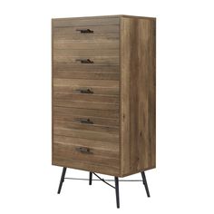 the chest of drawers is made from wood and has five drawers, one with metal legs