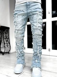 Tassels Straight Fit Jeans Men's Casual Medium Stretch Street Style Denim Pants  | eBay Mens Ripped Jeans Outfits, Holey Jeans Outfit, Drippy Outfits Men, Stacked Jeans Outfit Men, Mens Blue Pants, Boyfriend Outfits, 2025 Outfits, Holey Jeans, Street Style Denim