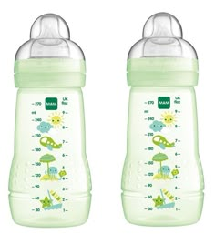 two baby bottles are shown side by side