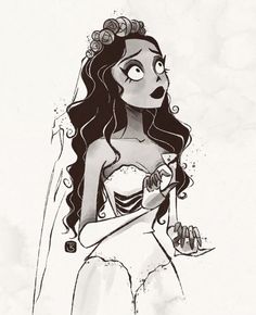 a drawing of a woman with long hair wearing a wedding dress and holding a knife