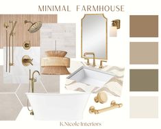 Minimal Farmhouse Mood Board Bohemian Mood Board, Farmhouse Mood Board, Minimal Farmhouse, Coastal Farmhouse Living Room, Farmhouse Bathroom Design, Bathroom Color Schemes, Bathroom Color, Gold Bathroom, Bathroom Spa