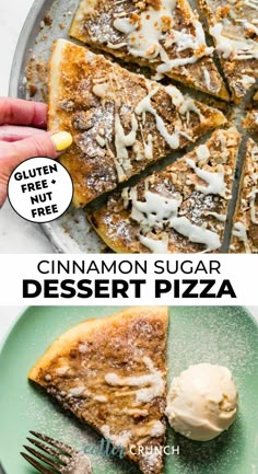 cinnamon sugar dessert pizza on a green plate