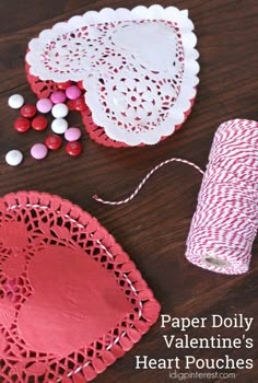 paper doily valentine's heart pouches with twine and spools