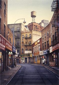 an oil painting of a city street with buildings