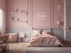 a bedroom decorated in pink and white with a bed, desk, chair and shelves