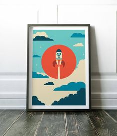 an art print of a rocket ship flying through the sky, with clouds and sun in the background