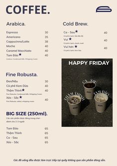 a menu with coffee cups and the words happy friday