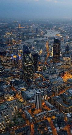 an aerial view of the city of london at night