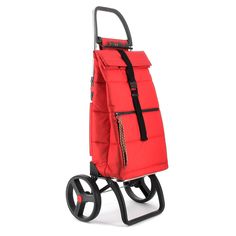 a red shopping cart with wheels and a bag on it