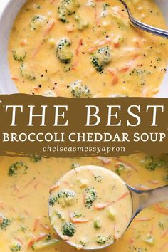 broccoli cheddar soup in a white bowl with a spoon