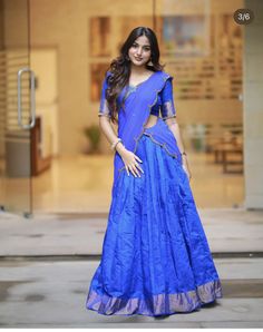 Half Saree Lehenga Blue, Blue Combination Color Outfit, Blue Combination Color, Indian Outfits Simple, South Indian Dress, Blue Half Saree, Pranavi Manukonda, Casual Indian Outfits, Lehenga Blue