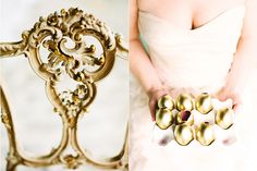 the bride is holding her gold wedding bouquet