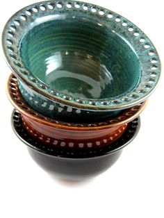 three bowls stacked on top of each other with the words ready to ship above them