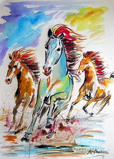 three horses running on the beach with watercolors in their manes and tails