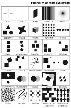 an image of different shapes and sizes in black and white, with the text'examples of form and design '