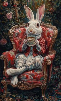 a painting of a white rabbit sitting on top of a red chair with a cup in it's mouth