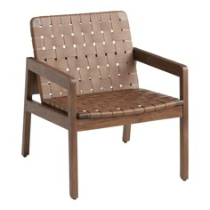 a chair made out of wood and leather with woven seat padding on the back