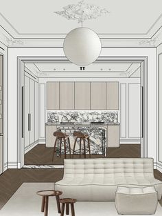 a drawing of a living room and kitchen area with white walls, wood flooring, marble countertops and an island in the middle