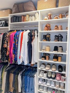 a closet filled with lots of different types of shoes and clothing hanging on the shelves