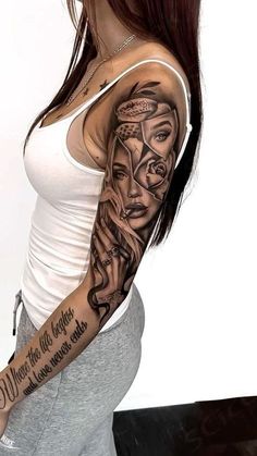 #girl Tattoes,#halloween Tattoes,#Tattoes ideas Tattoo On Women Arm, Tattoo For Woman On Arm, Half Tiger Half Woman Tattoo, Woman Arm Tattoos, Ladies Sleeve Tattoo Ideas, Tattoos On Both Arms, Girl Sleeve Tattoo, Woman Sleeve Tattoo Ideas, Girl Tattoo Sleeve