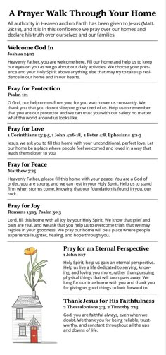 a flyer with the words prayer walk through your home and an image of a house