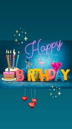 happy birthday greeting card with candles and cake