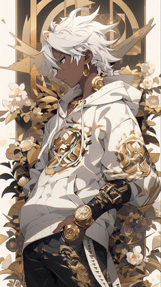 an anime character with white hair standing in front of a golden gate and surrounded by flowers