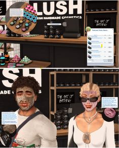 two people with face paint and makeup are standing in front of a store display