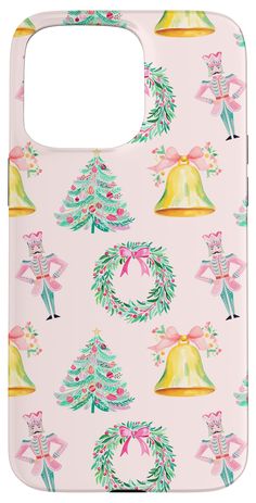 a pink phone case with christmas decorations and bells on it, featuring an image of a bell