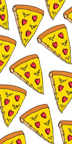 many slices of pizza with hearts on them